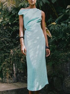 Zara Aqua Off-Shoulder Midi Dress with Broach Detail. NWT